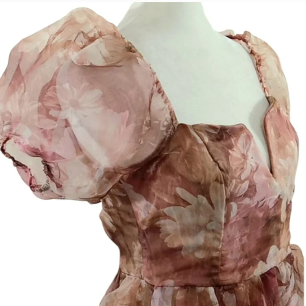 Lulus Lovely Statement Floral Organza Tie Back Puff Sleeve Midi Dress Size Small